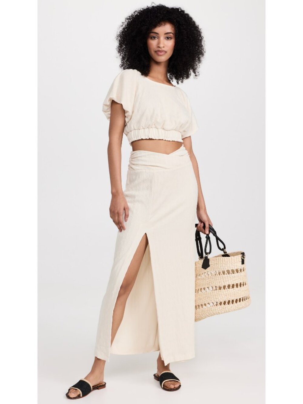 Free People Tovah Textured Plaid Slit Maxi Skirt Tofu Cream Size Large NWT